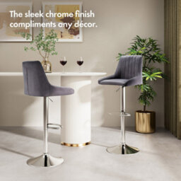 Spinningfield Bar Stools Set Of 2, Velvet Grey Kitchen Stools, Gas Lift Bar Stools With Adjustable Height, Chrome Footrest & Base - thumbnail 2