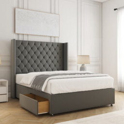 Bsspoke Olivia Divan Bed In Grey Plush Velvet With 54Inch Headboard 2 Drawers Footend & No Mattress In 4Ft 5Ft 6Ft