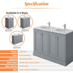 Plum&clay Fairmont Traditional Light Grey Square Floor Standing Bathroom Vanity Unit With Ceramic Basin & Marble Top (W)1200mm - thumbnail 4