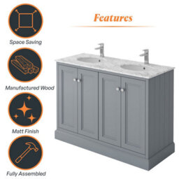 Plum&clay Fairmont Traditional Light Grey Square Floor Standing Bathroom Vanity Unit With Ceramic Basin & Marble Top (W)1200mm - thumbnail 5