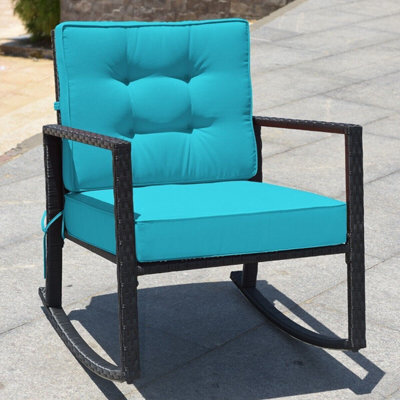 Costway Outdoor Wicker Furniture Rocking Chair Metal Frame Patio Rattan Rocker-Turquoise