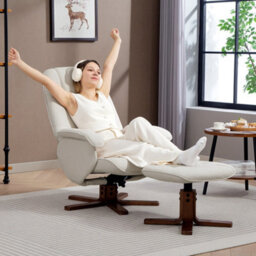 Homcom Swivel Recliner Chair With Footstool And Wooden Base, Beige - thumbnail 8