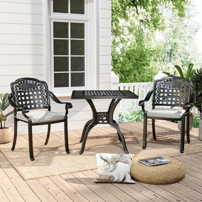 Living And Home Set Of 3 Black Cast Aluminum 2 Seater Outdoor Garden Dining Set Coffee Table And Chairs Set With Umbrella Hole - image 1