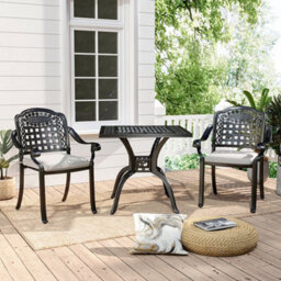 Living And Home Set Of 3 Black Cast Aluminum 2 Seater Outdoor Garden Dining Set Coffee Table And Chairs Set With Umbrella Hole - thumbnail 1