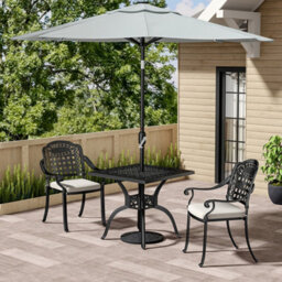 Living And Home Set Of 3 Black Cast Aluminum 2 Seater Outdoor Garden Dining Set Coffee Table And Chairs Set With Umbrella Hole - thumbnail 2