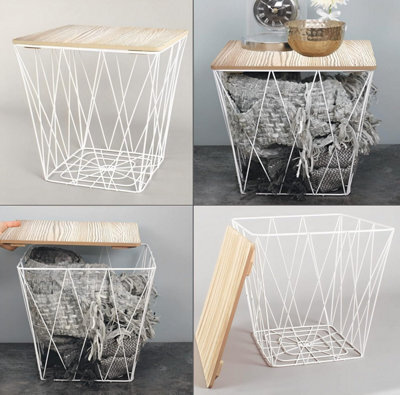 Retro Metal Wire Square Wood Top Storage Side Table Basket Home Furniture