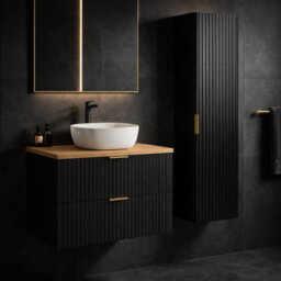 Impact Furniture Bathroom Vanity Unit 800mm Oak Effect Countertop Ribbed Black Wall Hung 2 Drawer Cabinet Adel - thumbnail 4