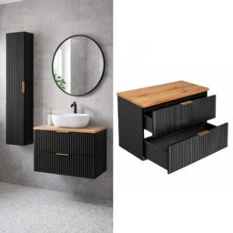 Impact Furniture Bathroom Vanity Unit 800mm Oak Effect Countertop Ribbed Black Wall Hung 2 Drawer Cabinet Adel