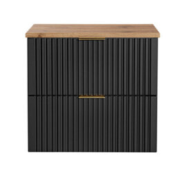 Impact Furniture Bathroom Vanity Unit 800mm Oak Effect Countertop Ribbed Black Wall Hung 2 Drawer Cabinet Adel - thumbnail 2