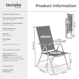 Tectake Folding Garden Chairs With Adjustable Backrests, Mesh Fabric - Silver - Set Of 8 - thumbnail 6