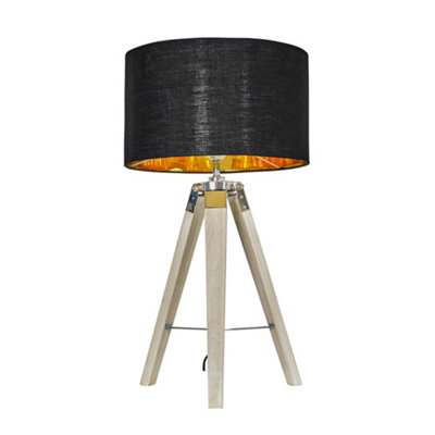 Valuelights Clipper Modern Distressed Wood And Silver Chrome Tripod Table Lamp With Black Gold Drum Shade - image 1