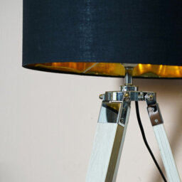 Valuelights Clipper Modern Distressed Wood And Silver Chrome Tripod Table Lamp With Black Gold Drum Shade - thumbnail 3