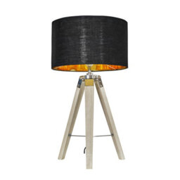 Valuelights Clipper Modern Distressed Wood And Silver Chrome Tripod Table Lamp With Black Gold Drum Shade