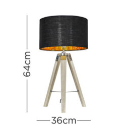 Valuelights Clipper Modern Distressed Wood And Silver Chrome Tripod Table Lamp With Black Gold Drum Shade - thumbnail 5