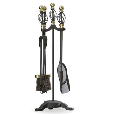 Fire33 Black And Brass Scroll Top, 5 Piece Fireplace Companion Set With Poker, Brush, Shovel And Tong For Open Fires & Stoves - image 1