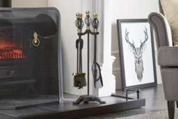 Fire33 Black And Brass Scroll Top, 5 Piece Fireplace Companion Set With Poker, Brush, Shovel And Tong For Open Fires & Stoves - thumbnail 4