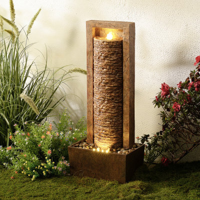 Teamson Home Garden Outdoor Water Feature, Tall Waterfall Water Fountain, With Warm Led Lights, Layered Rock Design, Brown - image 1