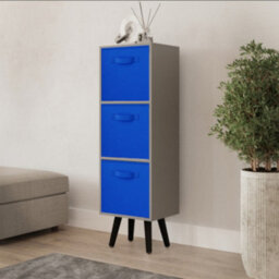 Urbn-Living Urbnliving 80Cm Height 3 Tier Grey Wooden Storage Bookcase Scandinavian Style Black Legs With Dark Blue Inserts