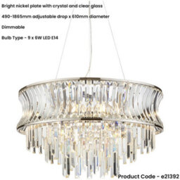 Loops Hanging Ceiling Pendant Light - Bright Nickel Plate With Crystal And Clear Glass - 9 X 6W Led E14 - thumbnail 2