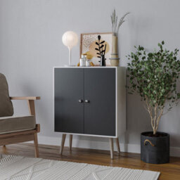 Urbn-Living Urbnliving 60Cm Height 2 Tier White Wooden Bookcase With Black Door Scandinavian Style Pine Legs Bedroom Shelf