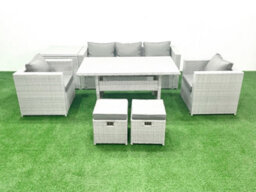 Fimous Garden Dining Set Outdoor Rattan Furniture Set Sofa Dining Table 2 Chairs 2 Small Stools Side Table Light Grey - thumbnail 2