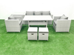 Fimous Garden Dining Set Outdoor Rattan Furniture Set Sofa Dining Table 2 Chairs 2 Small Stools Side Table Light Grey - thumbnail 1