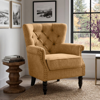 Tufted Mustard Gold Accent Chair Liana With Black Wooden Legs - Small Living Room Fabric Armchair - image 1