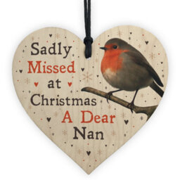 Red Ocean Christmas Robin Memorial Wood Heart Nan Memorial Gift Tree Decoration In Memory Plaque - thumbnail 1