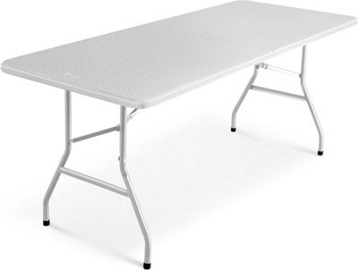 Keplin 6Ft Folding Table With White Rattan Patterned Top,180X70X74Cm Sturdy Metal Frame, Waterproof, Portable - image 1
