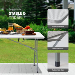 Keplin 6Ft Folding Table With White Rattan Patterned Top,180X70X74Cm  Sturdy Metal Frame, Waterproof, Portable - thumbnail 3