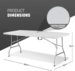 Keplin 6Ft Folding Table With White Rattan Patterned Top,180X70X74Cm  Sturdy Metal Frame, Waterproof, Portable - thumbnail 2