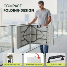 Keplin 6Ft Folding Table With White Rattan Patterned Top,180X70X74Cm  Sturdy Metal Frame, Waterproof, Portable - thumbnail 6