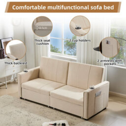 Btm 207Cm Pull Out Sofa Bed, Convertible Fabric Loveseat With Cup Holders And Side Pockets, Sofa Chair For Living Room - thumbnail 3