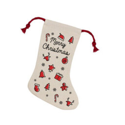 Purely Home Merry Christmas Icons Stocking - Novelty Xmas Gift/classic Décor Linen-Style With Red Drawstring Ties