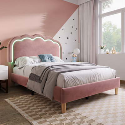 Btm Single Upholstered Bed 3Ft 90X190Cm Led Headboard Velvet Frame Wood Slat Pink Teen Bed No Mattress - image 1