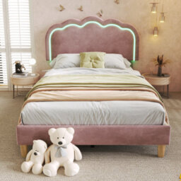 Btm Single Upholstered Bed 3Ft 90X190Cm Led Headboard Velvet Frame Wood Slat Pink Teen Bed No Mattress - thumbnail 7