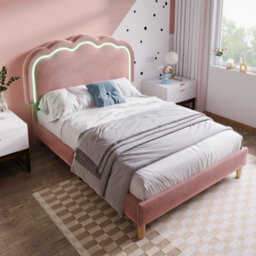 Btm Single Upholstered Bed 3Ft 90X190Cm Led Headboard Velvet Frame Wood Slat Pink Teen Bed No Mattress - thumbnail 5