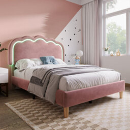 Btm Single Upholstered Bed 3Ft 90X190Cm Led Headboard Velvet Frame Wood Slat Pink Teen Bed No Mattress