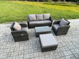Fimous Outdoor Rattan Garden Furniture Set Patio Lounge Sofa Set With Reclining Chair Rectangular Coffee Table Big Footstool - thumbnail 2