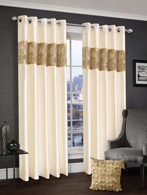 Intimates Vogue 3D Floral Diamante Ready Made Eyelet Curtains - Latte
