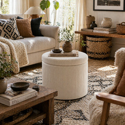 Wyld Haus Rokael Round Beige Corduroy Storage Footstool, Removable Lid, 40Cm - image 1