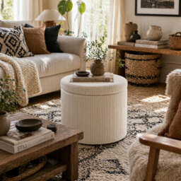 Wyld Haus Rokael Round Beige Corduroy Storage Footstool, Removable Lid, 40Cm