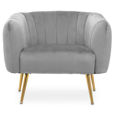 Orsina Stylish Grey Velvet Chair With Gold Finish Legs, Back & Armrest Dining Chair, Easy To Clean Armchair - image 1