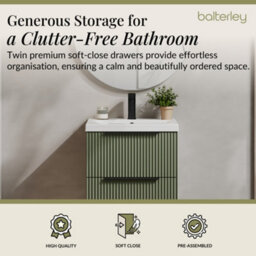 Balterley Fluted Front Wall Hung 2-Drawer Bathroom Vanity Unit And Mid-Edge Basin, 500mm, Satin Green, Black Handles - thumbnail 3