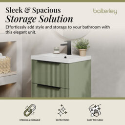Balterley Fluted Front Wall Hung 2-Drawer Bathroom Vanity Unit And Mid-Edge Basin, 500mm, Satin Green, Black Handles - thumbnail 2