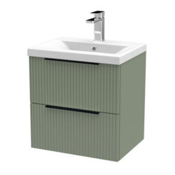 Balterley Fluted Front Wall Hung 2-Drawer Bathroom Vanity Unit And Mid-Edge Basin, 500mm, Satin Green, Black Handles