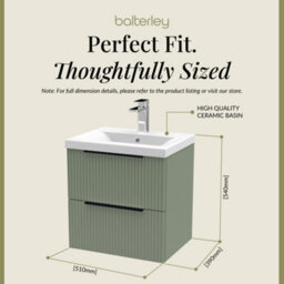 Balterley Fluted Front Wall Hung 2-Drawer Bathroom Vanity Unit And Mid-Edge Basin, 500mm, Satin Green, Black Handles - thumbnail 5