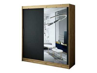 Arte Leto T2 Contemporary 2 Sliding Mirror Door Wardrobe 9 Shelves 2 Rails Black Matt And Oak Effect (H)2000mm (W)2000mm (D)620mm - image 1