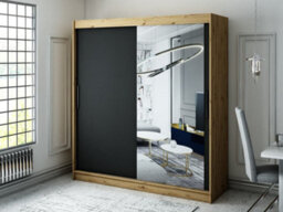 Arte Leto T2 Contemporary 2 Sliding Mirror Door Wardrobe 9 Shelves 2 Rails Black Matt And Oak Effect (H)2000mm (W)2000mm (D)620mm - thumbnail 2