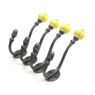 Oakcrafts - Ceramic Tipped Shabby Chic Cast Iron Coat Hook 125mm (Yellow) - Pack Of 4 Hooks - image 1